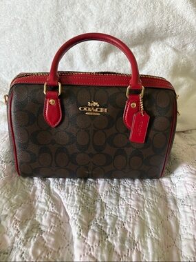 Coach Brown Signature Satchel with Red Trim